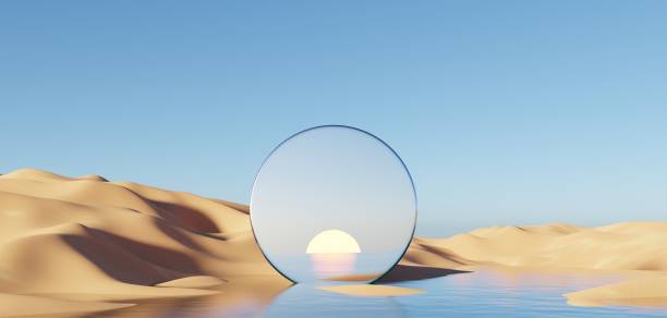 istock Abstract Dune cliff sand with metallic Podium stand platform. Surreal Desert natural landscape background. Scene of Desert with glossy metallic arches geometric design. 3D Render. 1437727814