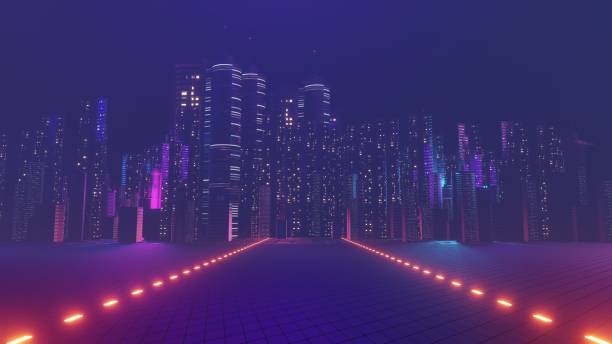 render 3d sceny krajobrazu mega miasta cyber night. światło świecące i odbicie na ciemnej scenie technologicznej. nocne życie. sieć technologiczna dla 5g. poza futurystyką sci-fi capital i sceną budowlaną. - city mega night built structure zdjęcia i obrazy z banku zdjęć