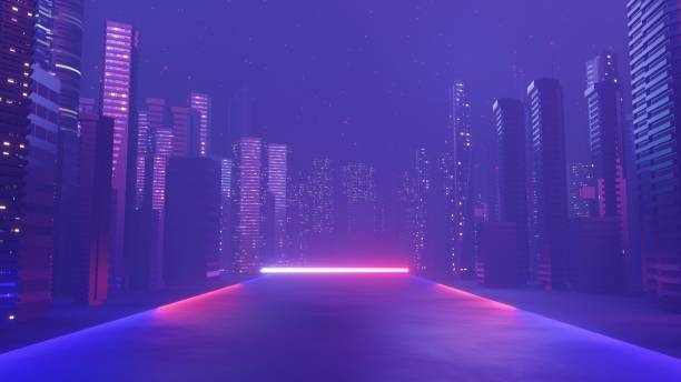 render 3d sceny krajobrazu mega miasta cyber night. światło świecące i odbicie na ciemnej scenie technologicznej. nocne życie. sieć technologiczna dla 5g. poza futurystyką sci-fi capital i sceną budowlaną. - city mega night built structure zdjęcia i obrazy z banku zdjęć