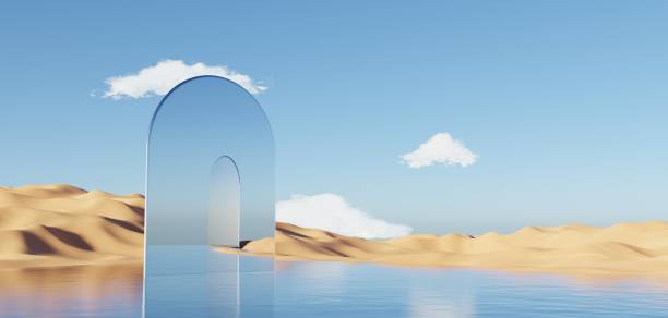 istock Abstract Dune cliff sand with metallic Podium stand platform. Surreal Desert natural landscape background. Scene of Desert with glossy metallic arches geometric design. 3D Render. 1437728204