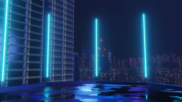 istock 3d render of Cyber night mega city landscape scene. Light glowing and reflection on dark tech scene. Night life. Technology network for 5g. Beyond futuristic of Sci-Fi Capital city and building scene. 1437728271