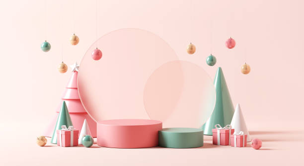 dwa pastelowe podium tło na święta bożego narodzenia, scena dla produktu. - pink christmas christmas ornament sphere zdjęcia i obrazy z banku zdjęć