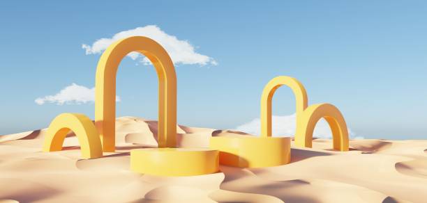 istock Abstract Dune cliff sand with metallic Podium stand platform. Surreal Desert natural landscape background. Scene of Desert with glossy metallic arches geometric design. 3D Render. 1437729382