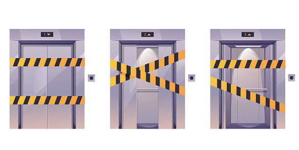 Elevator door hall broken closed dent abstract concept set. Vector graphic design illustration element