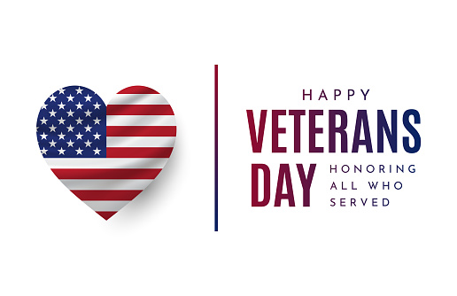 Happy Veterans Day card with USA flag in hear shape. Vector illustration. EPS10