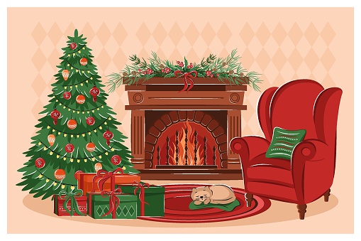 Christmas living room interior with fireplace, armchair, cat, gifts, christmas tree and decorations. Merry Christmas. Cozy winter vector illustration