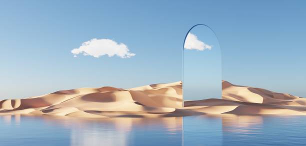 istock Abstract Dune cliff sand with metallic Podium stand platform. Surreal Desert natural landscape background. Scene of Desert with glossy metallic arches geometric design. 3D Render. 1437730055