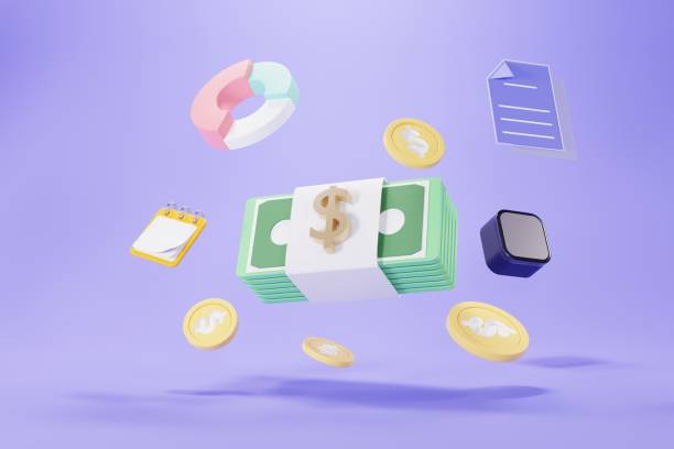 istock 3d render of Bundle of cash or money around with floating graph, coins, and document. Minimal clean design. 1437730061