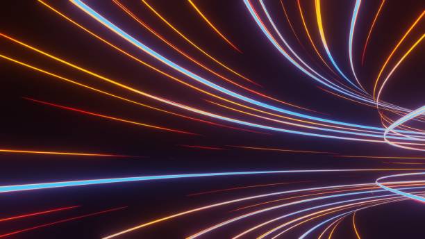 istock 3d render of flash neon and light glowing on dark scene. Speed light moving lines. 1437730108