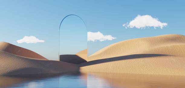 istock Abstract Dune cliff sand with metallic Podium stand platform. Surreal Desert natural landscape background. Scene of Desert with glossy metallic arches geometric design. 3D Render. 1437730759