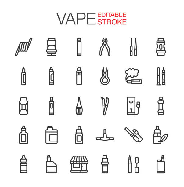 Vape Shop Icons Set Editable Stroke Vape shop and electronic cigarette, e-cigarette,  products icons set. Editable stroke vector icons. electrical fuse stock illustrations