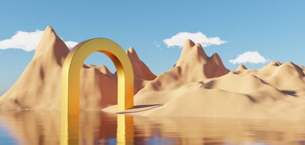 istock Abstract Dune cliff sand with metallic Podium stand platform. Surreal Desert natural landscape background. Scene of Desert with glossy metallic arches geometric design. 3D Render. 1437730804