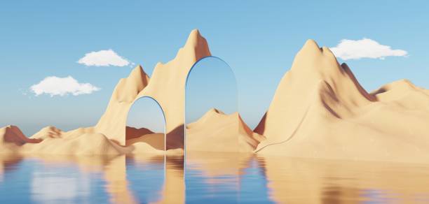 istock Abstract Dune cliff sand with metallic Podium stand platform. Surreal Desert natural landscape background. Scene of Desert with glossy metallic arches geometric design. 3D Render. 1437731207