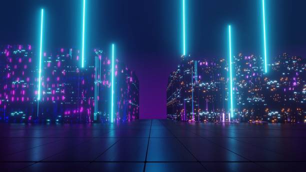 3d render of Cyber punk night city landscape concept. Light glowing on dark scene. Night life. Technology network for 5g. Beyond generation and futuristic of Sci-Fi Capital city and building scene. renderizado 3d del concepto de paisaje de la ciudad nocturna cyber punk. luz que brilla en la escena oscura. vida nocturna. red tecnológica para 5g. más allá de la generación y futurista de la ciudad capital de la ciencia ficción y la escena del edif