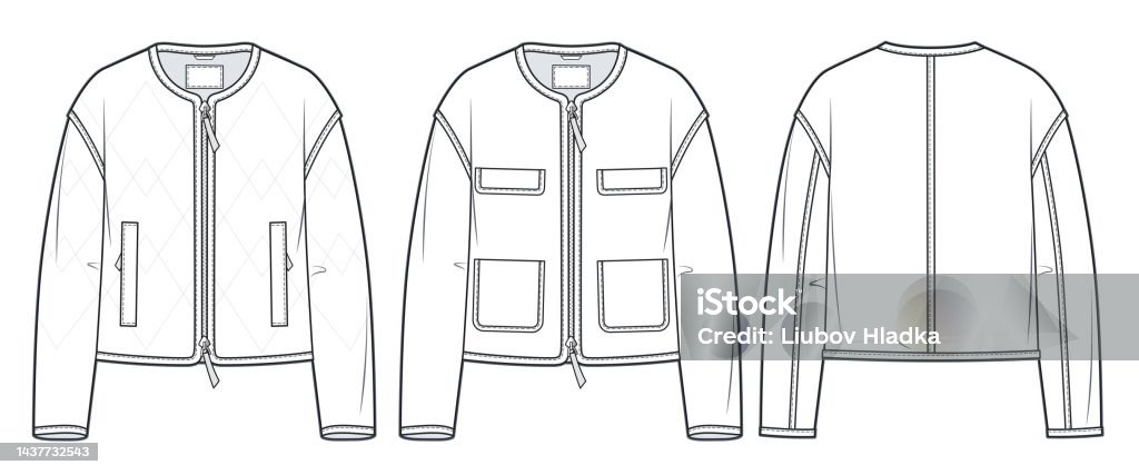 Jacket Rig Autocad Womens Quilted Padded Jacket Technical Fashion Illustration Crop Jacket ...