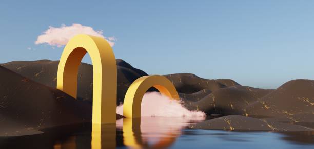 istock Abstract Dune cliff sand with metallic Podium stand platform. Surreal Desert natural landscape background. Scene of Desert with glossy metallic arches geometric design. 3D Render. 1437732843