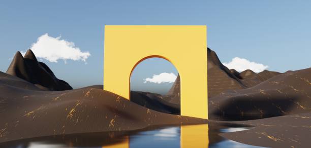 istock Abstract Dune cliff sand with metallic Podium stand platform. Surreal Desert natural landscape background. Scene of Desert with glossy metallic arches geometric design. 3D Render. 1437732917