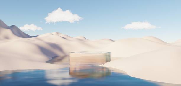 istock Abstract Dune cliff sand with metallic Podium stand platform. Surreal Desert natural landscape background. Scene of Desert with glossy metallic arches geometric design. 3D Render. 1437733688