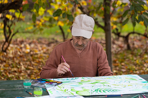 A front view of the mature artist sitting in the yard and painting leaves with watercolors.