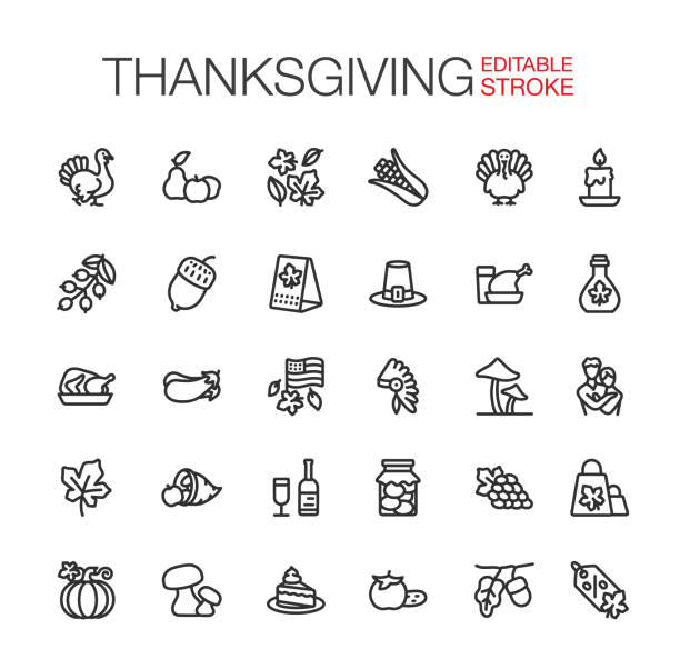 thanksgiving-liniensymbole legen bearbeitbare kontur fest. - thanksgiving symbol turkey apple stock-grafiken, -clipart, -cartoons und -symbole