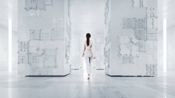 istock Woman walking in futuristic server room 1437737450