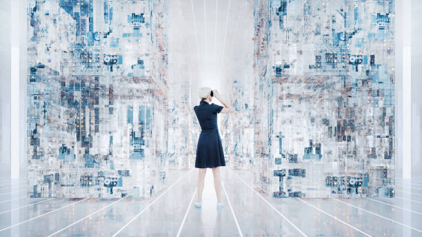 istock Woman with VR headset in futuristic data room 1437737475