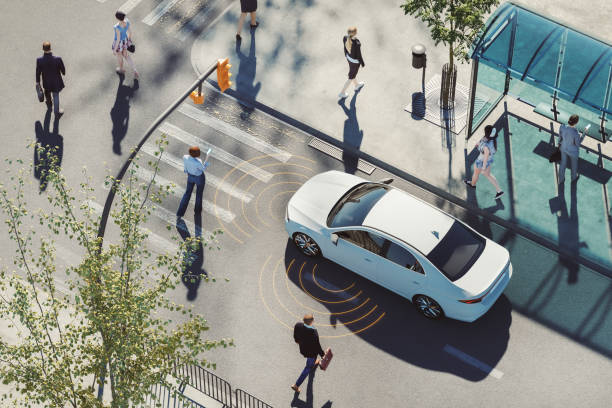 auto senza conducente con sensori ambientali - auto senza conducente foto e immagini stock