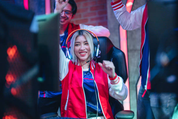 Team professional gamer playing winning tournaments online games computer.