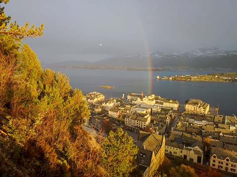 Alesund, Norway: 6 May 2022 - Panoramic view of Alesund after the rain seen from Aksla viewpoin