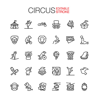 Circus line icons set. Editable Stroke. Vector illustration.