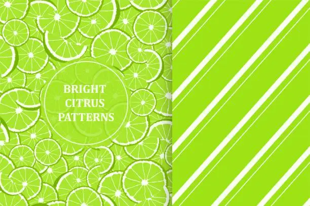 Vector illustration of Set of bright seamless fruits patterns - hand drawn design. Repeatable citrus backgrounds. Vibrant summer endless prints