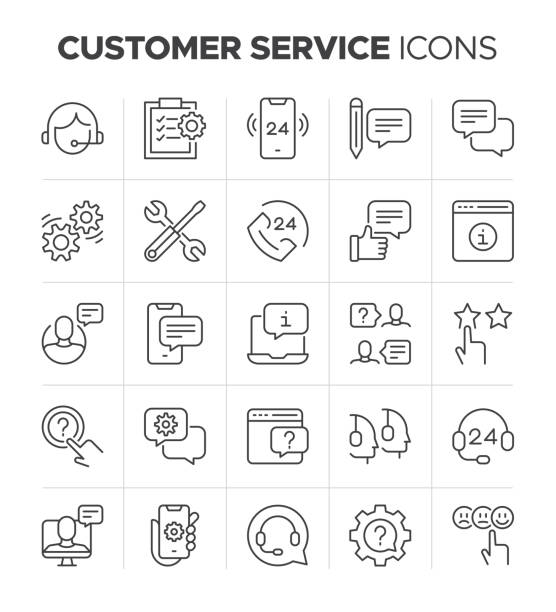 ilustraciones, imágenes clip art, dibujos animados e iconos de stock de conjunto de iconos de servicio al cliente. colección de iconos de esquema de soporte en línea. ayuda, respuesta qick y símbolo de comentarios - affectionate