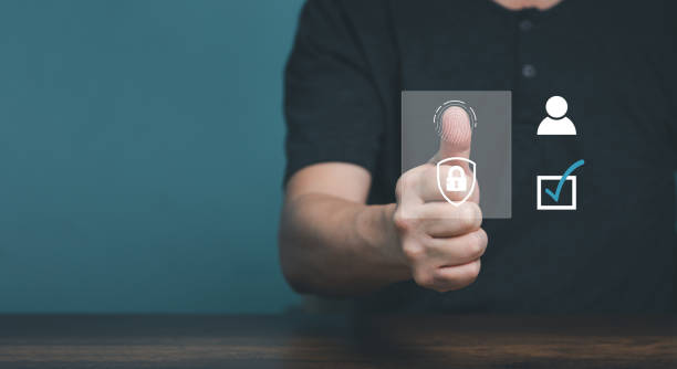 istock Password control through fingerprints in an immersive technology future and cybernetic, Businessman scan fingerprint biometric identity and approval. 1437742307