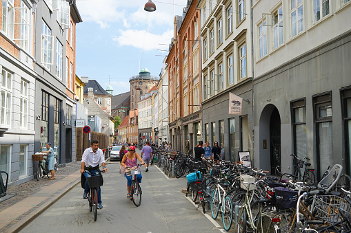 Copenhagen, Denmark – August 02, 2018: A beautiful view of the streets surrounded by historical buildings in Copenhagen ,Denmark