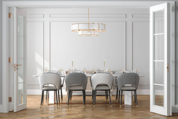 ingresso della sala da pranzo con tavolo da pranzo, sedie e parete bianca vuota sullo sfondo - elegance luxury simplicity architecture foto e immagini stock