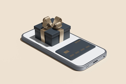 Eleganse gift box and credit card on screen smartphone. Online Shopping concept. Modern festive selling. 3d rendering. Isometric illustration.