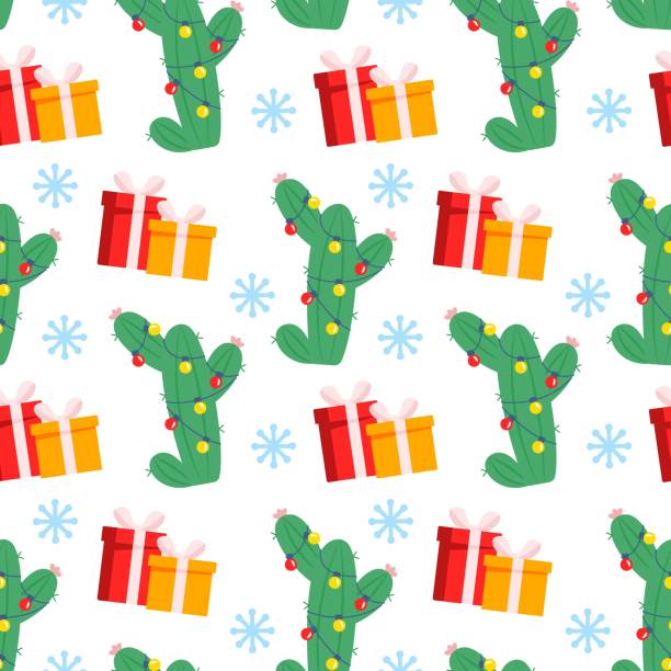 istock Festive cactus with garland and gift boxes. Tropical Christmas. Seamless pattern. Can be used for web page background fill, surface texture 1437745475
