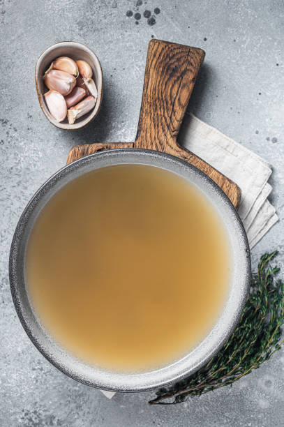 istock Bone meat chicken broth in a plate. Gray background. Top view 1437746313