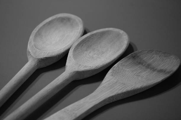 Wooden Kitchen Utensils. Monochromatic Black and White Tones