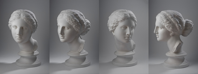 Four versions of a copy of the plaster ancient Greek bust of Aphrodite on a light gray background