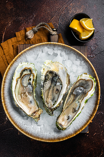 Opened Fresh oysters with lemon and ice in a plate. Dark background. Top view.