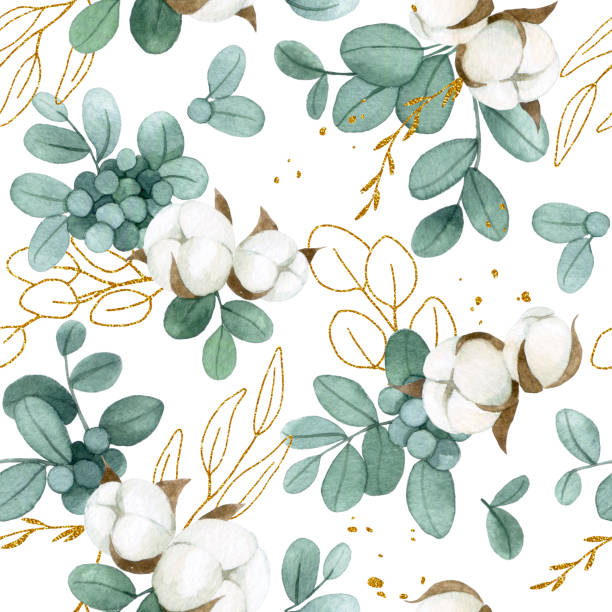 aquarellzeichnung. nahtloses muster mit goldenen eukalyptusblättern und baumwollblüten auf weißem hintergrund - cotton flower textile textile industry stock-grafiken, -clipart, -cartoons und -symbole