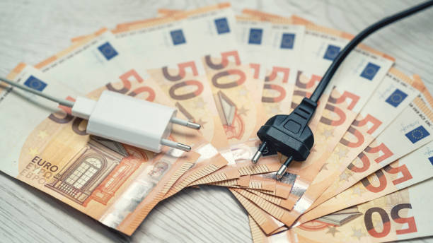 istock Black and white electrical plugs lying over 50 euro bills background. 1437751010