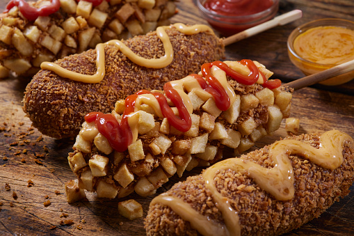 Korean Corn Dogs with Ketchup and Spicy Cheese Sauce