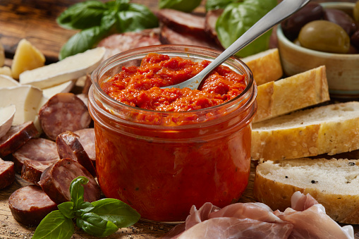 Italian Eggplant and Roasted Red Pepper Vegetable Spread with Cured Meats, Cheeses and Fresh Bread