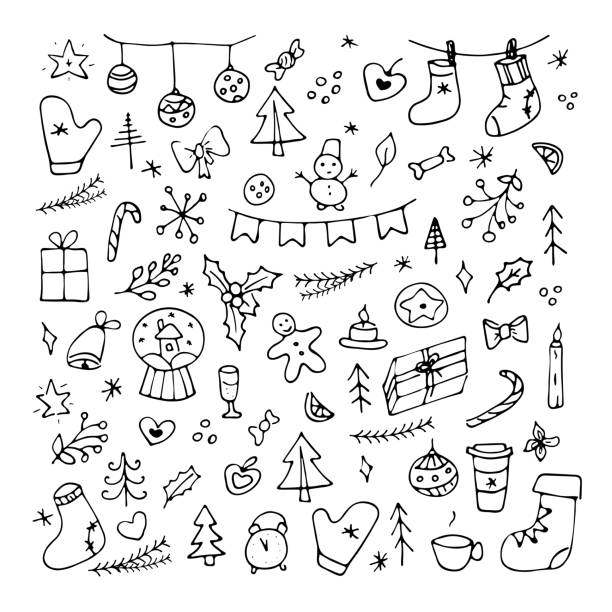A set of Christmas elements for decoration. Isolated vector illustrations, hand-drawn in doodle style. Contour festive drawing. A set of Christmas elements for decoration. Isolated vector illustrations, hand-drawn in doodle style. Contour festive drawing. homemade gift boxes stock illustrations
