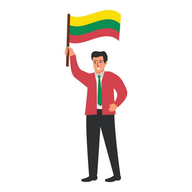 ilustrações, clipart, desenhos animados e ícones de bandeira da lituânia acenando para o homem. m�ão de cara alegre segurando bandeira da lituânia. - child flag patriotism thumbs up