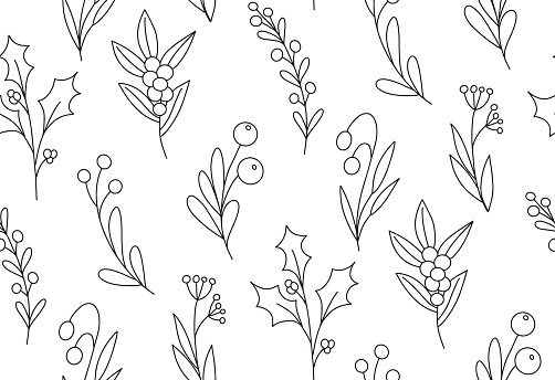 Cute winter black and white floral seamless pattern minimalist background. Hand drawn simple minimal line art branch with berries and leaves repeat texture. Black contour line outline vector winter Christmas backdrop.