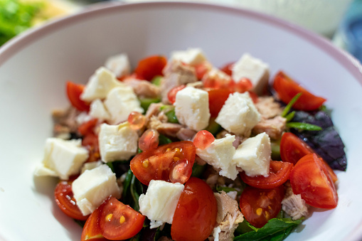 Summer Greek salad with olives, tomatoes, cucumber and feta cheese