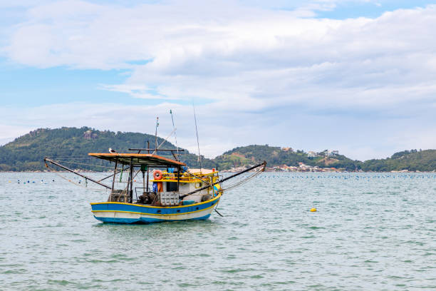 istock Fisherman boat with forest and houses in background 1437757475